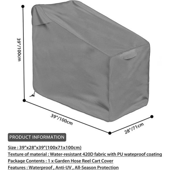 Garden Hose Reel Cart Cover, Protect Your Hose Reel (39" x28" x 39") - Picture 3 of 5